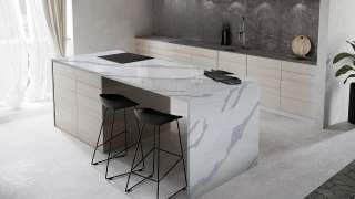 Visualisation of Calacatta Quartz MB in a kitchen island