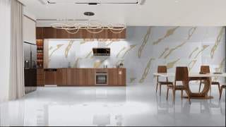 Visualisation of Calacatta Quartz MBG in a kitchen and dining area