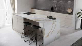 Visualisation of Calacatta Quartz MBG in a kitchen island