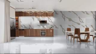 Visualisation of Calacatta Quartz MR in a kitchen and dining area