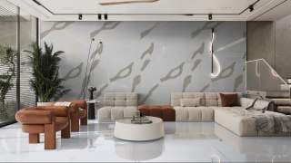 Visualisation of Calacatta Quartz MR in a living room feature wall