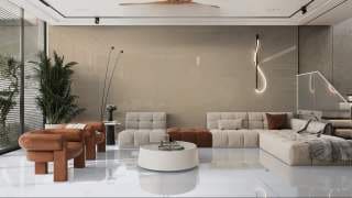 Visualisation of Carrara Quartz PB in a living room feature wall