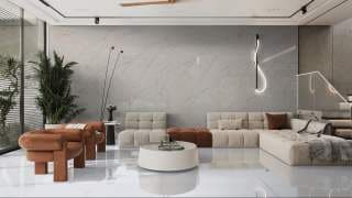 Visualisation of Carrara Quartz RM in a living room feature wall