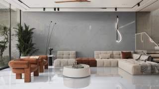 Visualisation of Carrara Quartz RP in a living room feature wall