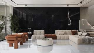 Visualisation of Carrara Quartz RU in a living room feature wall