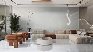 Visualisation of Carrara Quartz TG in a living room feature wall