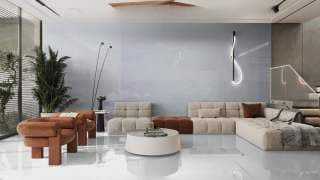 Visualisation of Carrara Quartz TW in a living room feature wall
